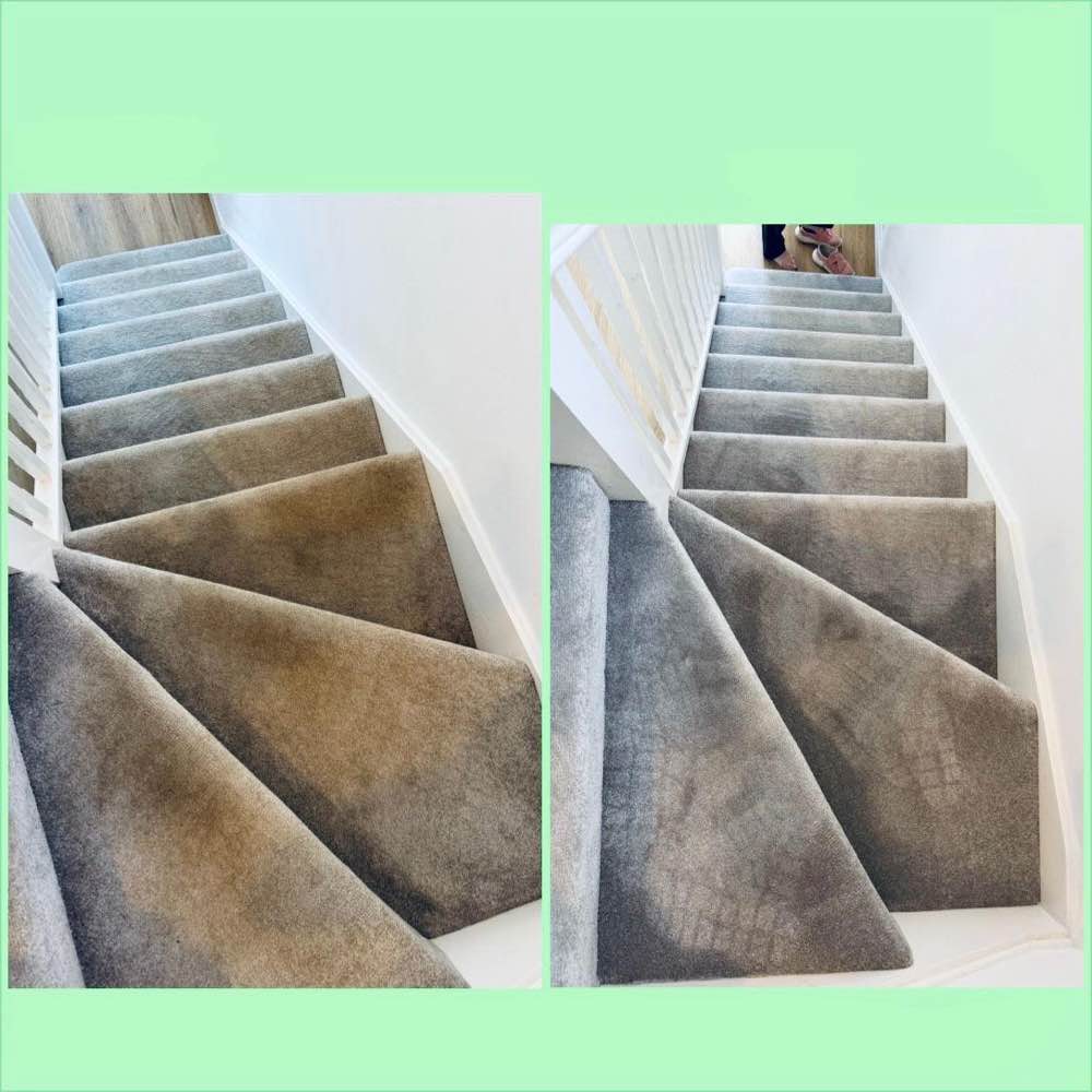 Grey stair carpet before and after cleaning — colour restored, Teesside