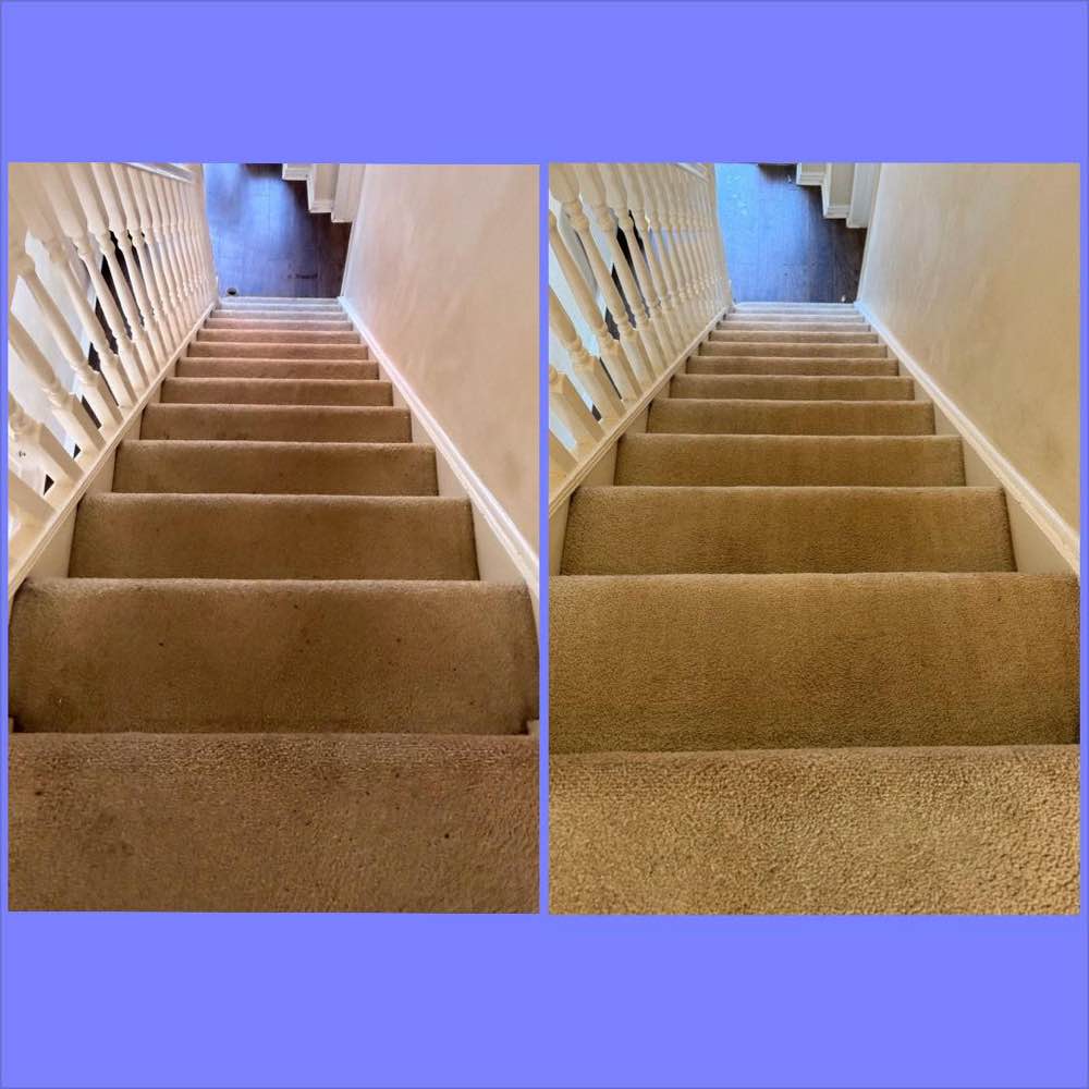 Gold and tan stair carpet before and after cleaning — Teesside