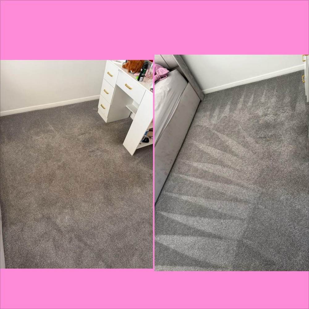 Grey bedroom carpet before and after cleaning — fan pattern finish, Teesside