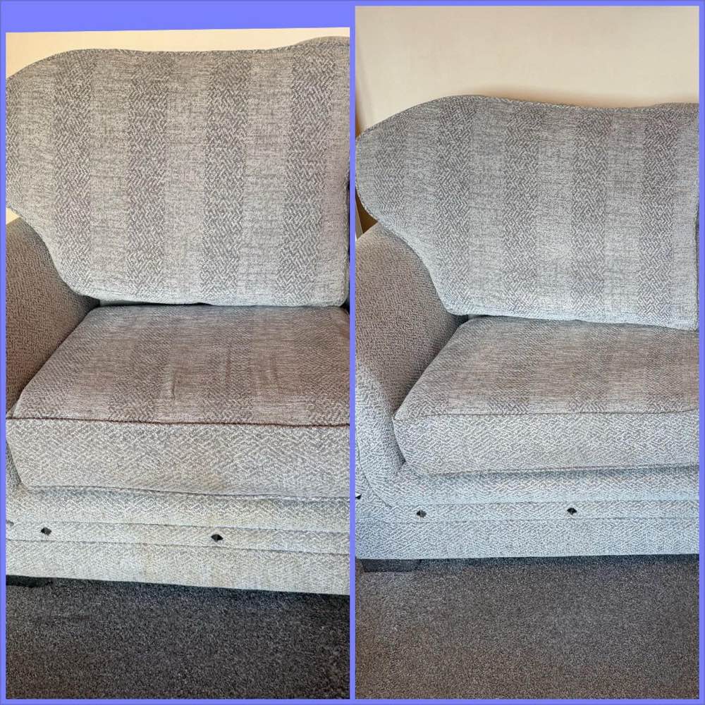 Grey armchair before and after professional upholstery cleaning — Teesside